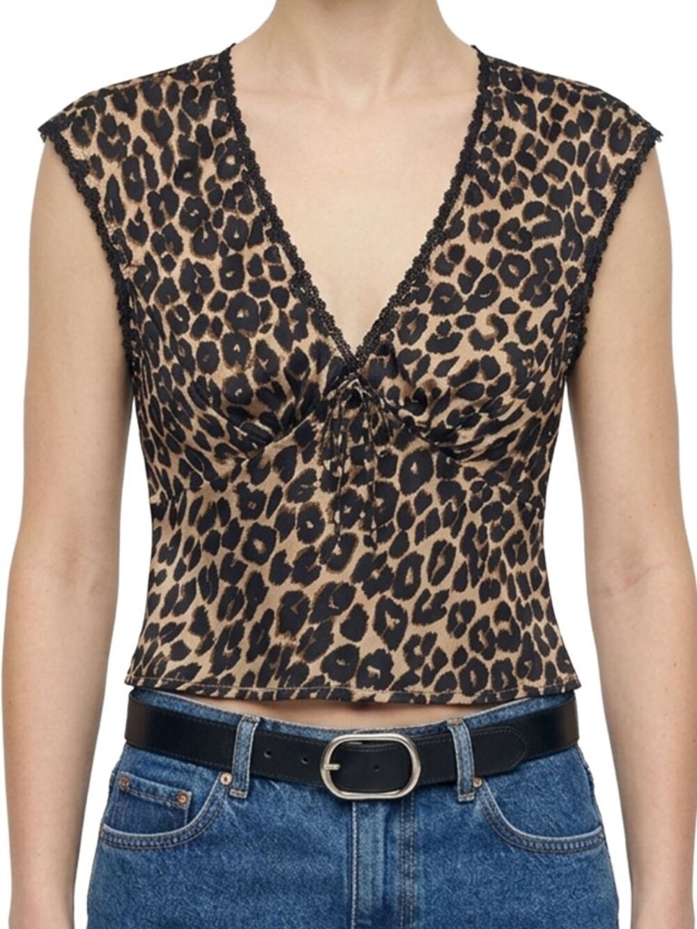 Reformation Cherry Silk Top Leo Leopard Print Lace Trim V Neck 2